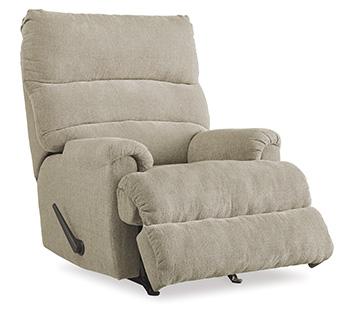Ashley Furniture Man Fort Recliner, plush brown recliner chair with padded armrests and built-in footrest for relaxation.