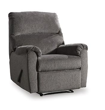 Nerviano recliner by Ashley Furniture showing plush beige fabric, padded armrests, and a comfortable reclining position.