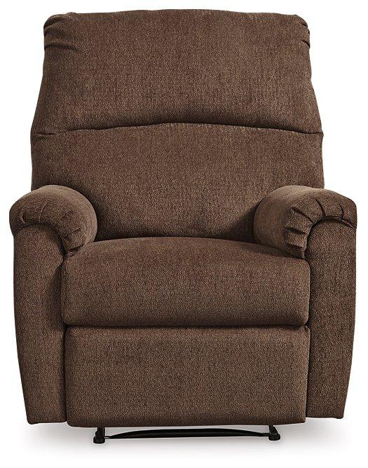 Ashley Furniture Nerviano recliner with plush cushioning and wooden legs, shown in a cozy living room setting.