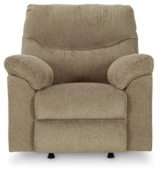 Comfortable Ashley Alphons Recliner with plush upholstery and padded armrests, perfect for relaxing in a modern living space.