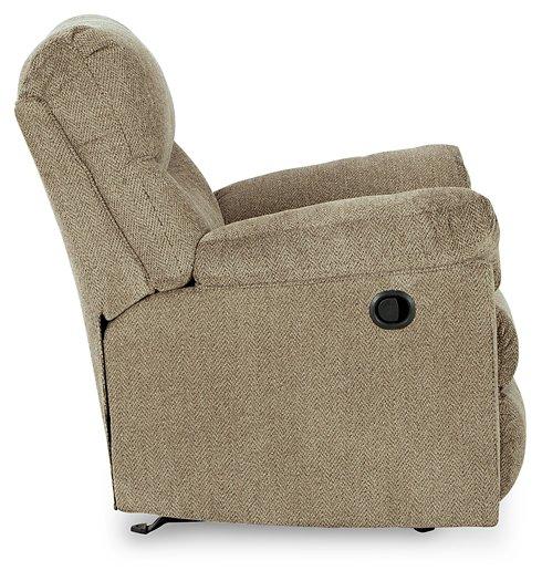 Alphons recliner by Ashley Furniture featuring plush cushioning and a dark brown leather upholstery.