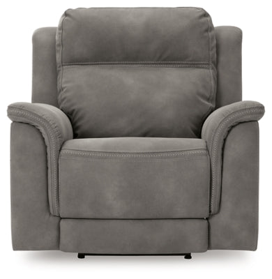 Ashley Furniture Next-Gen DuraPella power recliner with plush fabric and padded armrests, shown in a front head-on view.