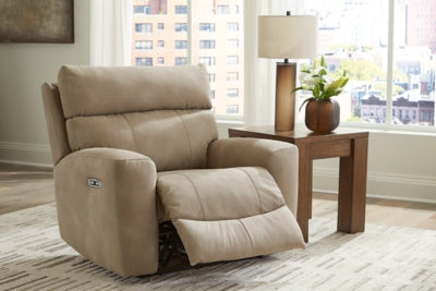 Open Ashley Furniture Next-Gen DuraPella power recliner showing plush cushioning and sleek design in a modern living room setting.