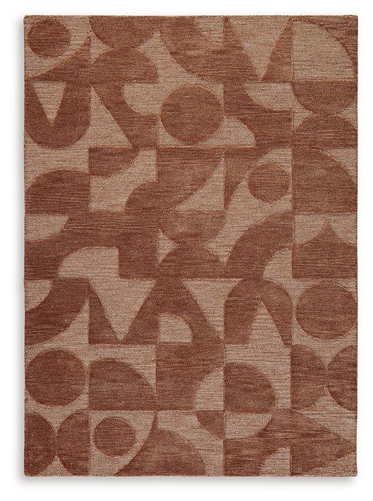 Ashley Furniture Perrenton Rug featuring a plush, patterned design in neutral tones, perfect for adding warmth to living spaces.