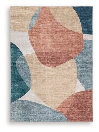 Medium Ashley Furniture Chanleigh washable 5' x 7' area rug with a stylish pattern and soft texture, perfect for living spaces.