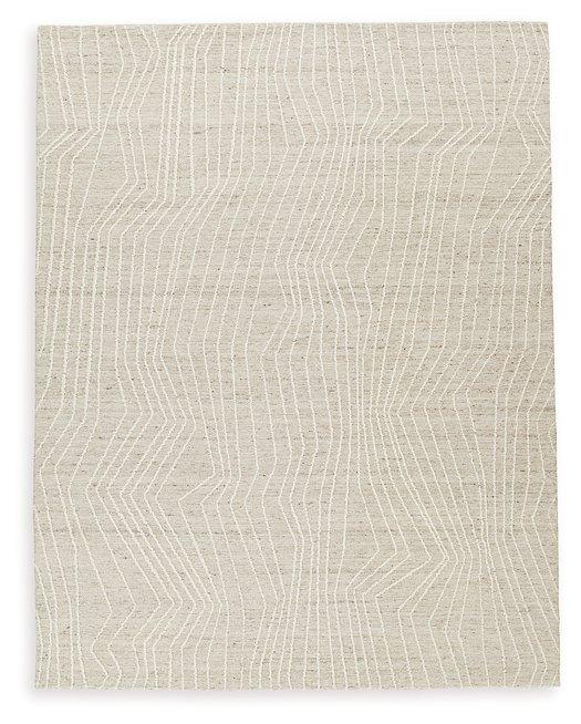 Medium Ashley Furniture Varahill Rug with textured pattern, showcasing soft, woven fabric in neutral tones.