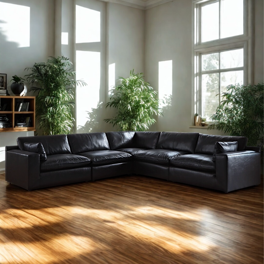 Ashley Furniture Atlas Reserve caramel sectional corner sofa with five-piece design, featuring plush cushions and modern style.