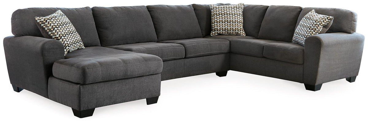 Ashley Furniture Ambee 3-piece sectional with chaise, featuring plush cushions and modern design in a cozy living room setting.