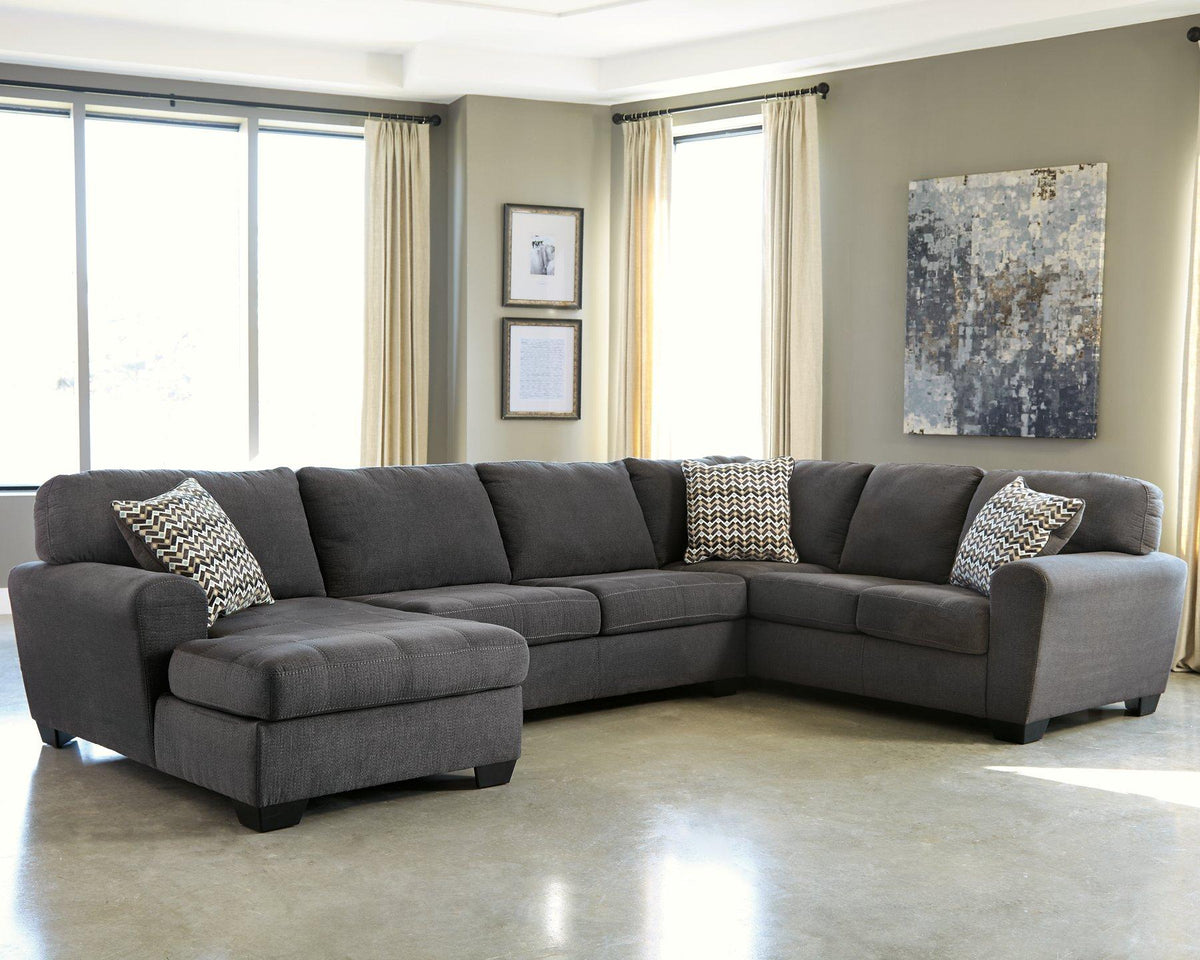 Ashley Furniture Ambee 3-piece sectional with chaise, showcasing plush upholstery and modern design in a spacious living room setting.