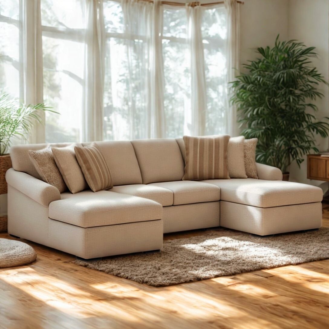 Ashley Furniture Lennox sectional with double chaise, showcasing plush upholstery and spacious seating arrangement.