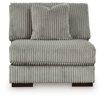 Ashley Furniture Lindyn sectional with chaise, showing a head-on view of the modern fabric sofa and chaise lounge arrangement.