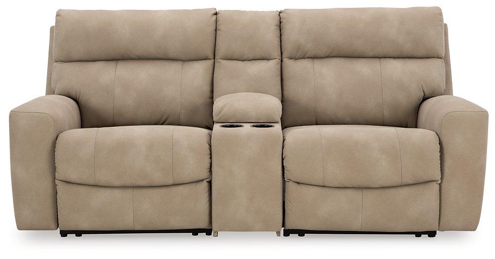 Ashley Furniture Next-Gen DuraPella power reclining sectional loveseat with built-in console, showing plush cushions and modern design.