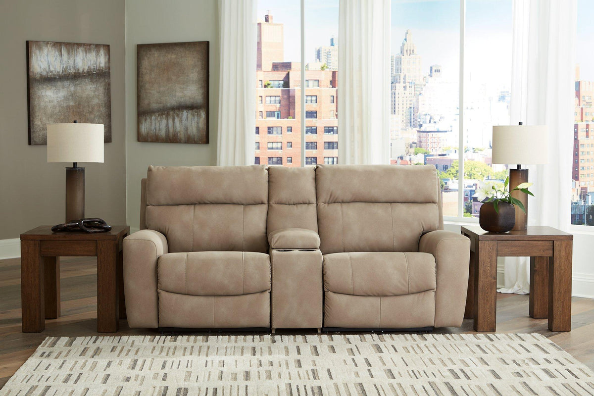 Ashley Furniture Next-Gen DuraPella power reclining sectional loveseat with console, showing plush fabric and modern design.