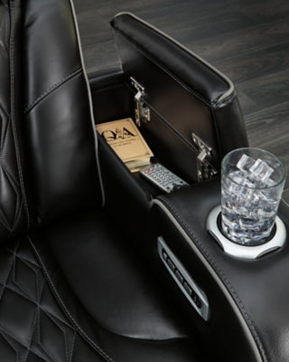Close-up of the armrest and detailed stitching on the Ashley Furniture Boyington Power Reclining Sofa.