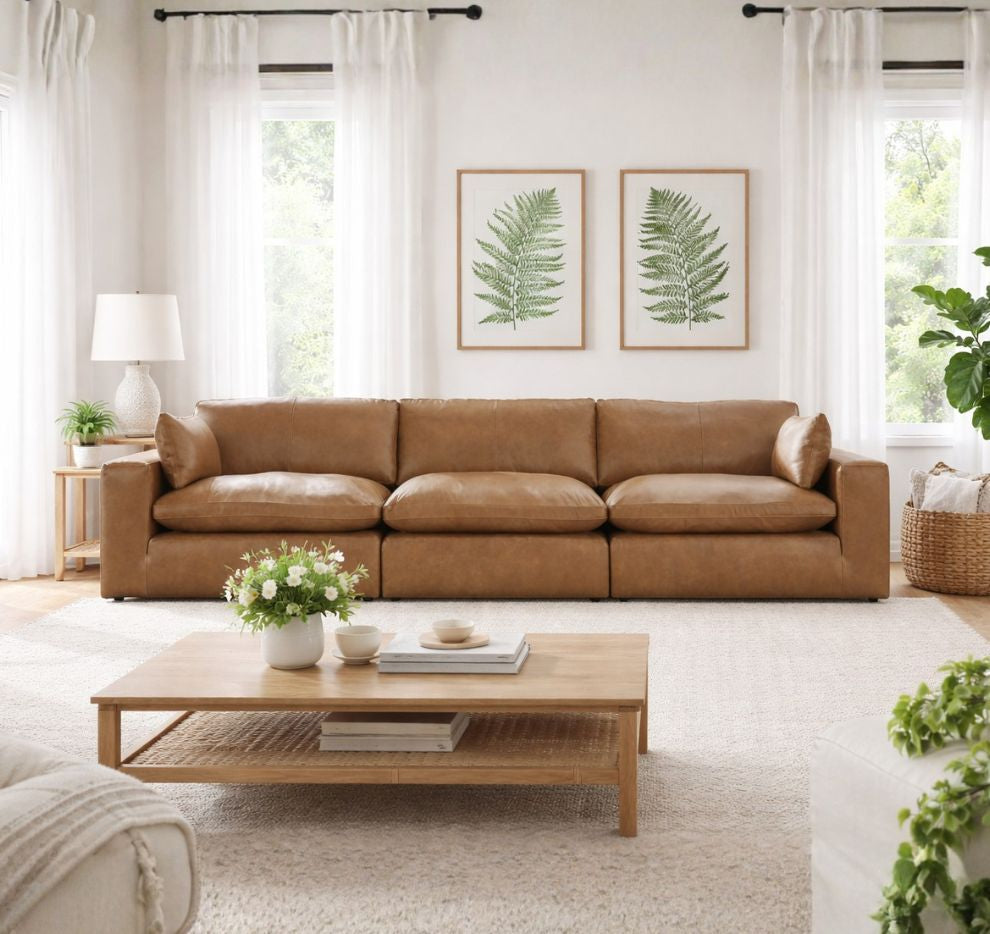 Ashley Furniture Atlas Reserve Modular Sofa in caramel, 3-piece sectional with plush cushions and modern design.