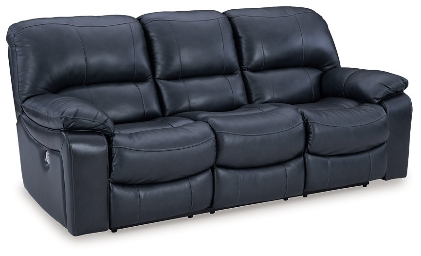 Ashley Furniture Leesworth power reclining sofa with plush cushions, dark upholstery, and built-in reclining features, shown from an angle.