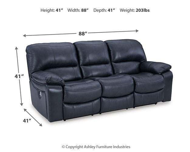 Ashley Furniture Leesworth power reclining sofa with plush fabric and padded armrests, shown in a cozy living room setting.
