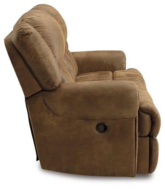 Ashley Furniture Boothbay reclining sofa with plush cushions and fabric upholstery, shown in a comfortable, modern living room setting.