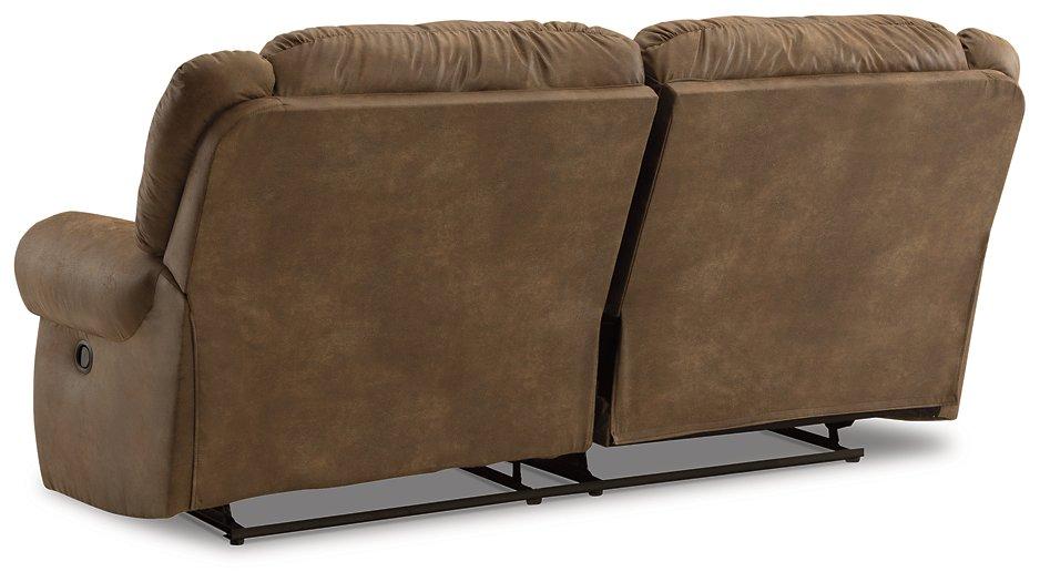 Ashley Furniture Boothbay reclining sofa showing plush gray fabric, cushioned armrests, and built-in recliner mechanisms.