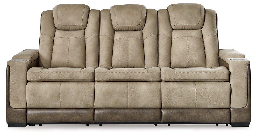 Next-Gen DuraPella Power Reclining Sofa by Ashley Furniture, showing plush gray fabric, padded armrests, and reclining seats.