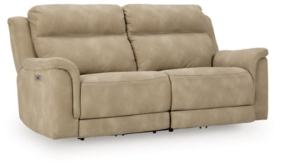 Ashley Furniture Next-Gen DuraPella Power Reclining Sofa in a modern design, shown from an angled view with closed recliners.
