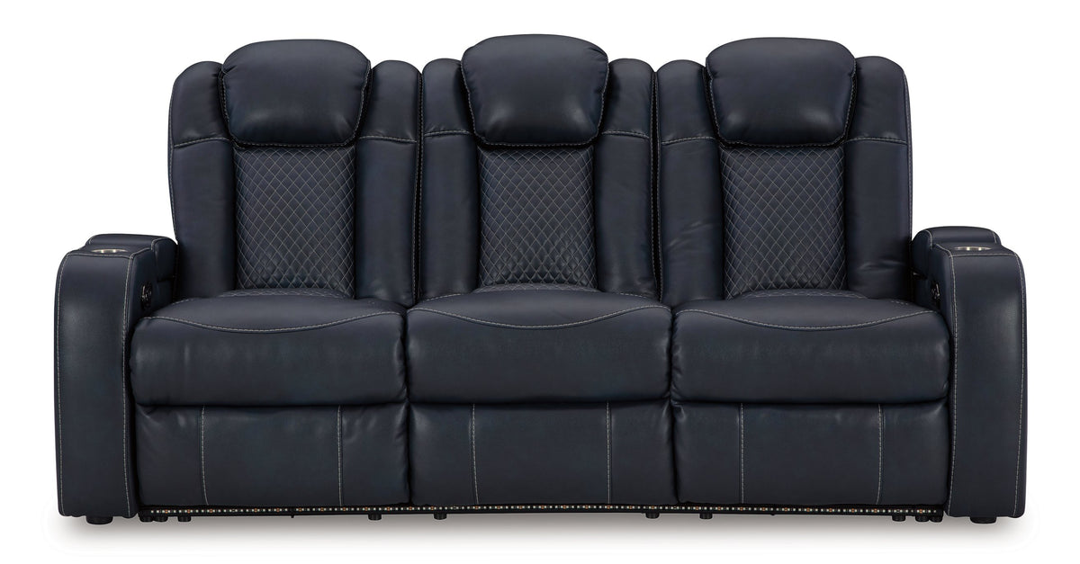 Ashley Furniture Fyne-Dyme Power Reclining Sofa with plush cushions and reclining features, shown from a head-on view.
