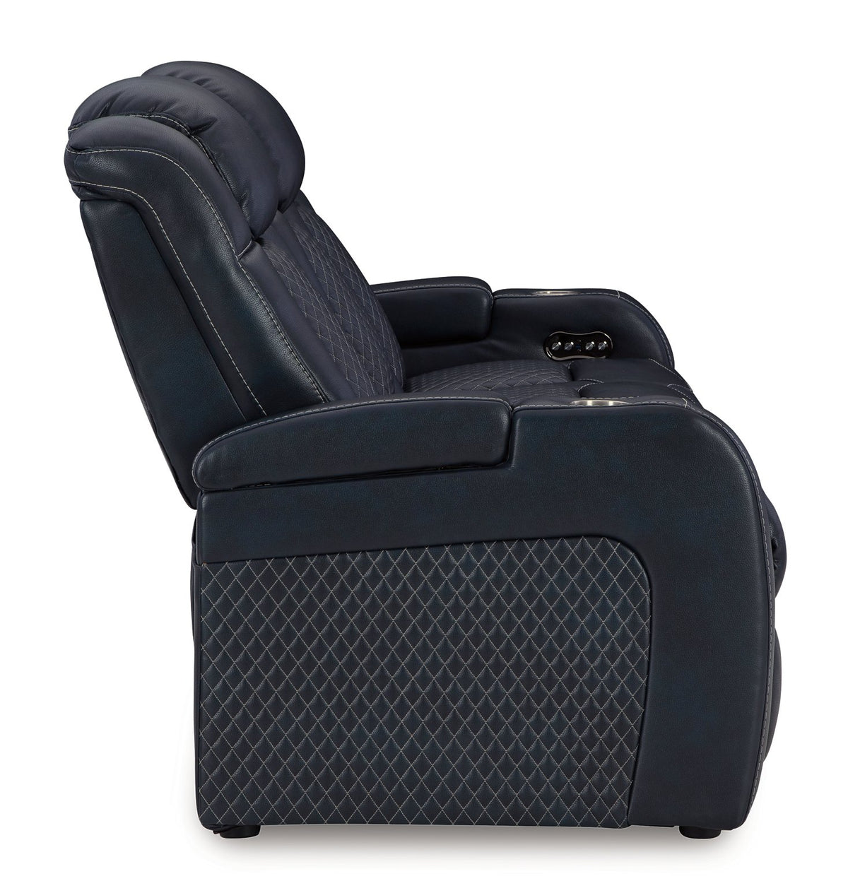 Ashley Furniture Fyne-Dyme Power Reclining Sofa with plush cushions and reclining features, shown from the side.