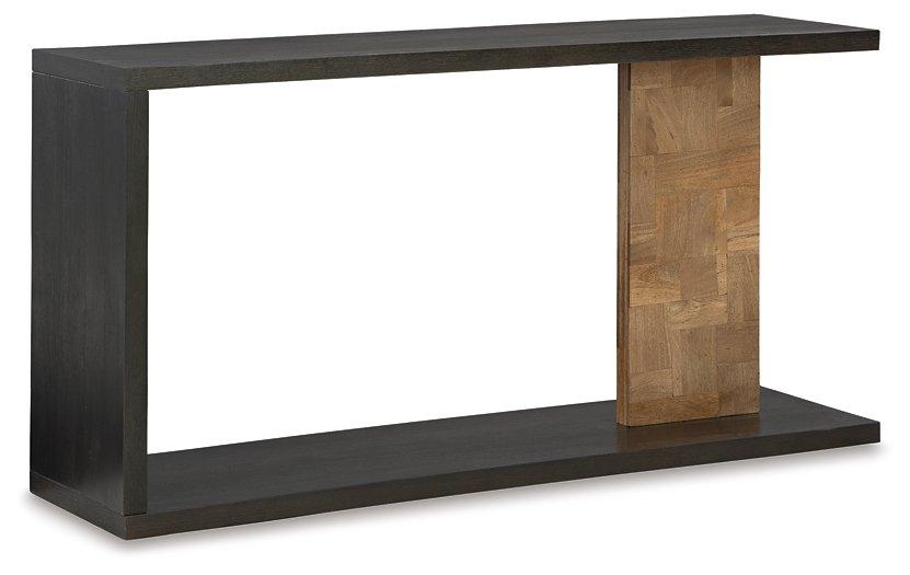 Ashley Furniture Camlett console sofa table with a sleek wooden surface and sturdy legs, ideal for living room decor.