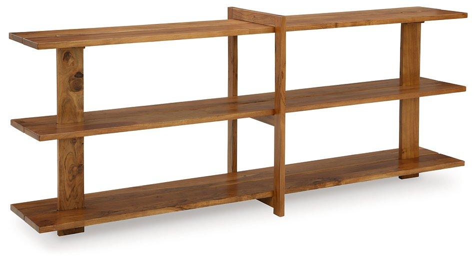 Ashley Furniture Fayemour console sofa table with sleek wood finish and modern design, ideal for living room decor.