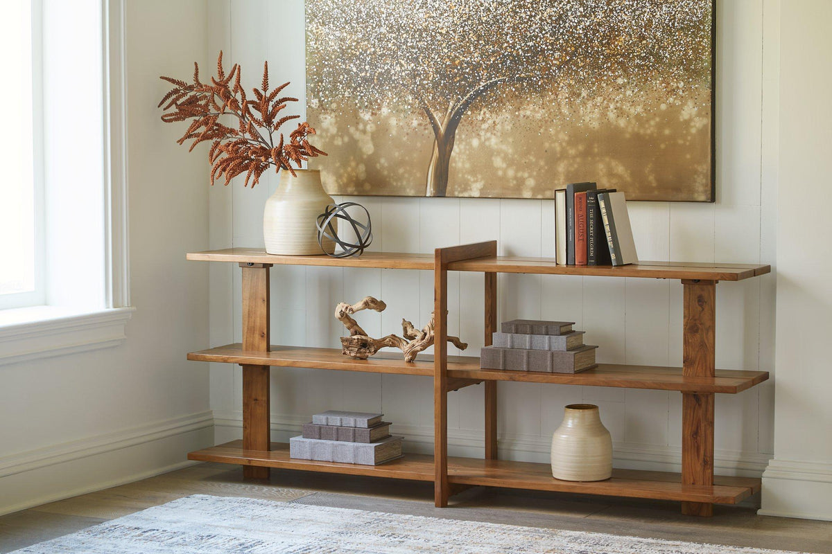 Ashley Furniture Fayemour console sofa table with a sleek wooden finish and modern design, ideal for living room decor.