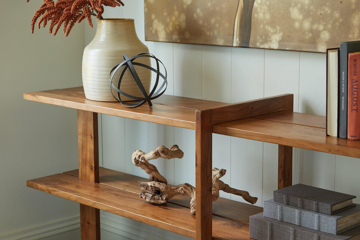Ashley Furniture Fayemour console sofa table with sleek wooden top and black metal legs, ideal for living room decor.
