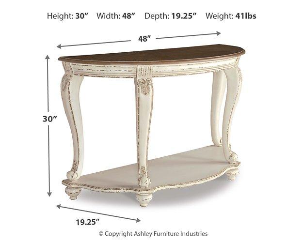 Ashley Furniture Realyn sofa table with a sleek wooden surface and sturdy legs, ideal for living room decor.