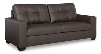 Ashley Furniture Barlin Mills sofa with plush beige fabric and modern design, featuring wide armrests and comfortable cushioning.