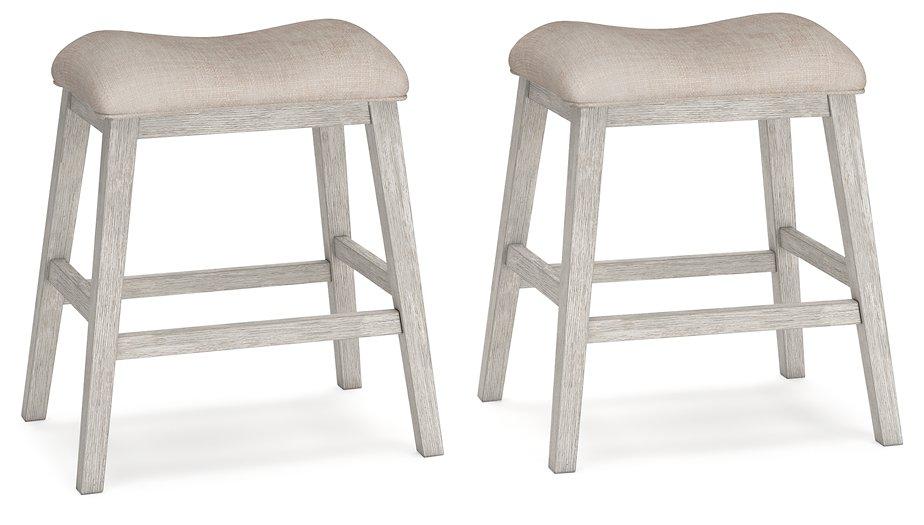 Counter height Ashley Furniture Skempton bar stool with wooden legs and upholstered seat, ideal for kitchen or bar area.