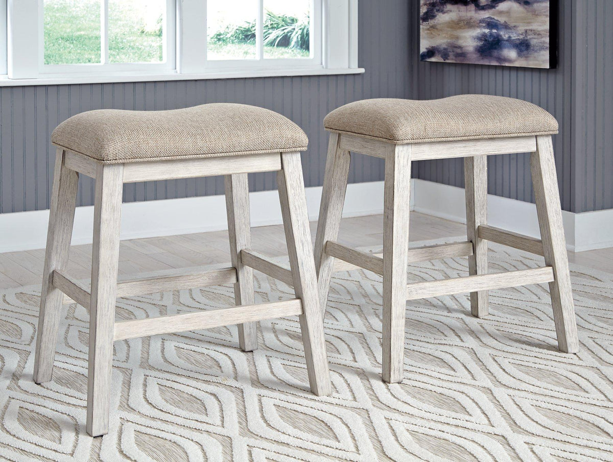 Ashley Furniture Skempton counter height bar stool with plush upholstered seat and wooden legs, ideal for kitchen or bar area.