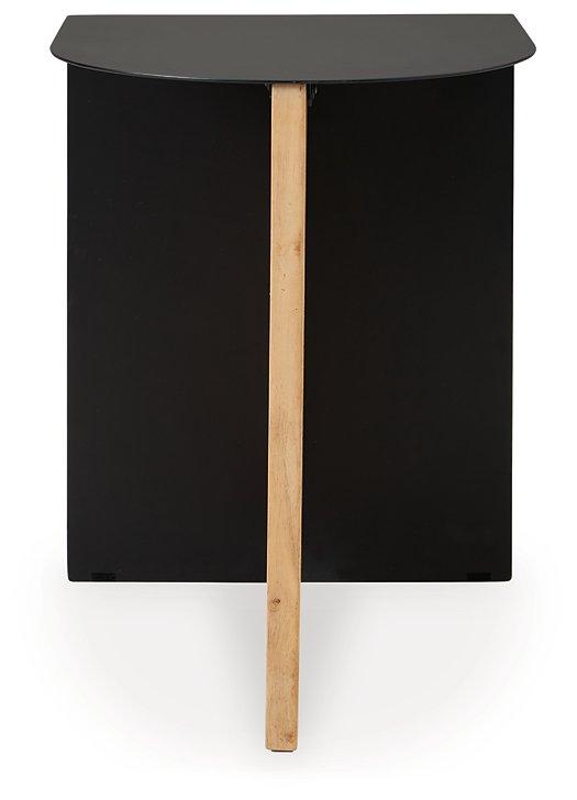 Ashley Furniture Ladgate accent table with a round wooden top and sleek metal legs, ideal for living room or bedroom decor.