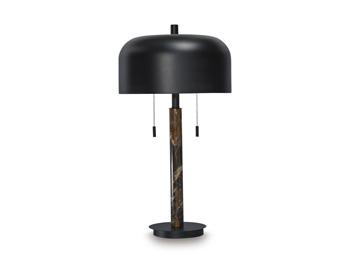 Alanbert table lamp by Ashley Furniture with a sleek design and a neutral-colored lampshade on a wooden table.