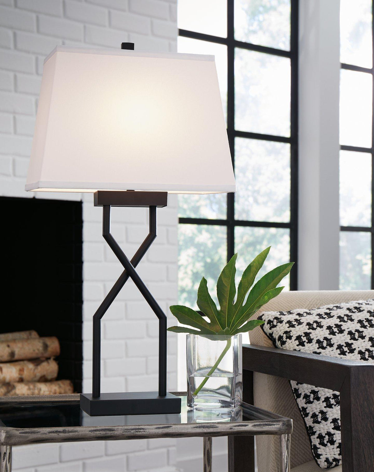 Set of two Ashley Furniture Brookthrone table lamps with fabric shades and wooden bases, ideal for living room or bedside decor.