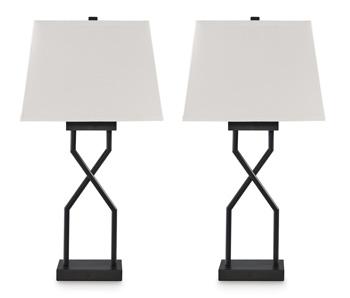 Set of two Ashley Furniture Brookthrone table lamps with fabric shades and antique bronze bases, perfect for bedside or living room decor.