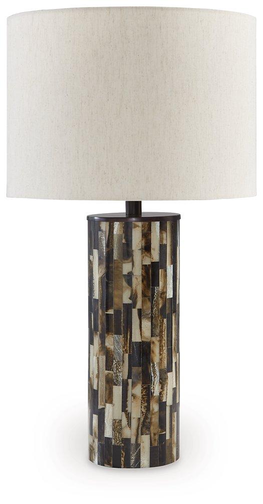 Ellford table lamp by Ashley Furniture featuring a sleek, modern design with a fabric shade on a wooden base.