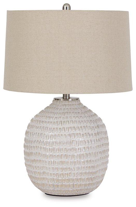 Ashley Furniture Jamon Table Lamp with a modern design, featuring a sleek base and fabric shade, ideal for living room or bedside.