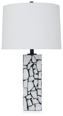 Ashley Furniture Macaria table lamp with a sleek design, featuring a beige fabric shade and a sturdy base for stylish lighting.