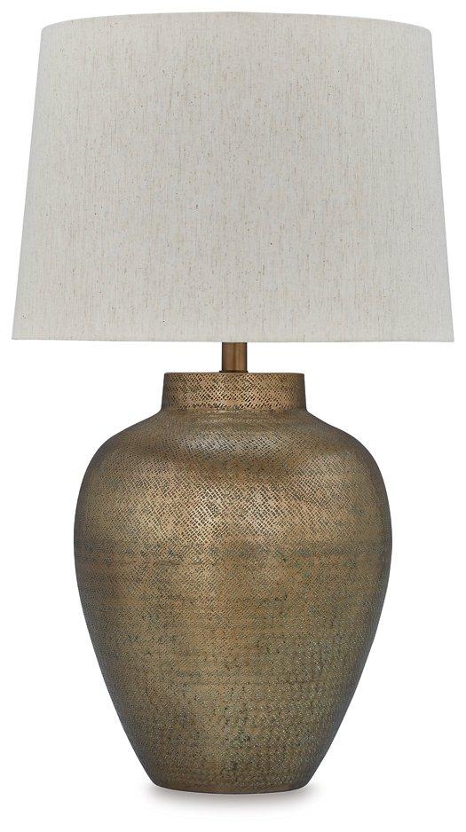 Madney table lamp by Ashley Furniture featuring a sleek ceramic base and a classic fabric lampshade on a wooden table.
