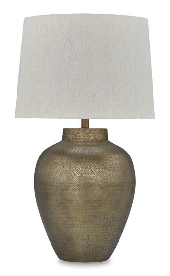 Ashley Furniture Madney table lamp with a sleek base and fabric shade, ideal for modern living room or bedroom decor.