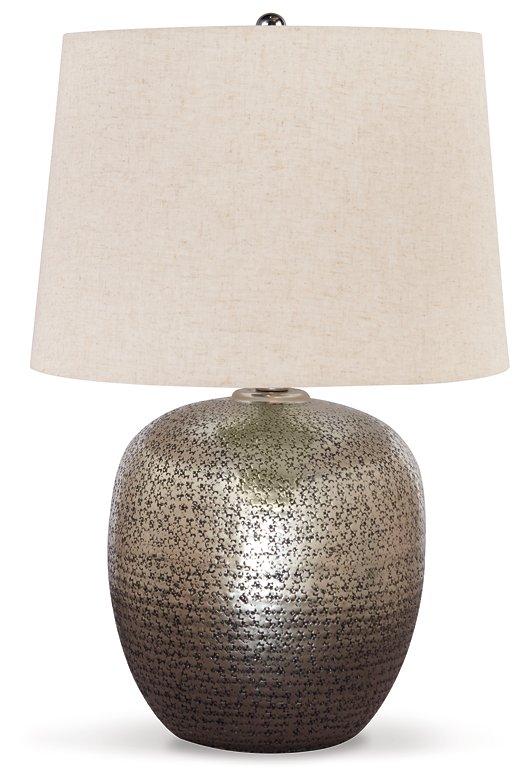 Magalie table lamp by Ashley Furniture featuring a sleek design with a white fabric shade and wooden base.