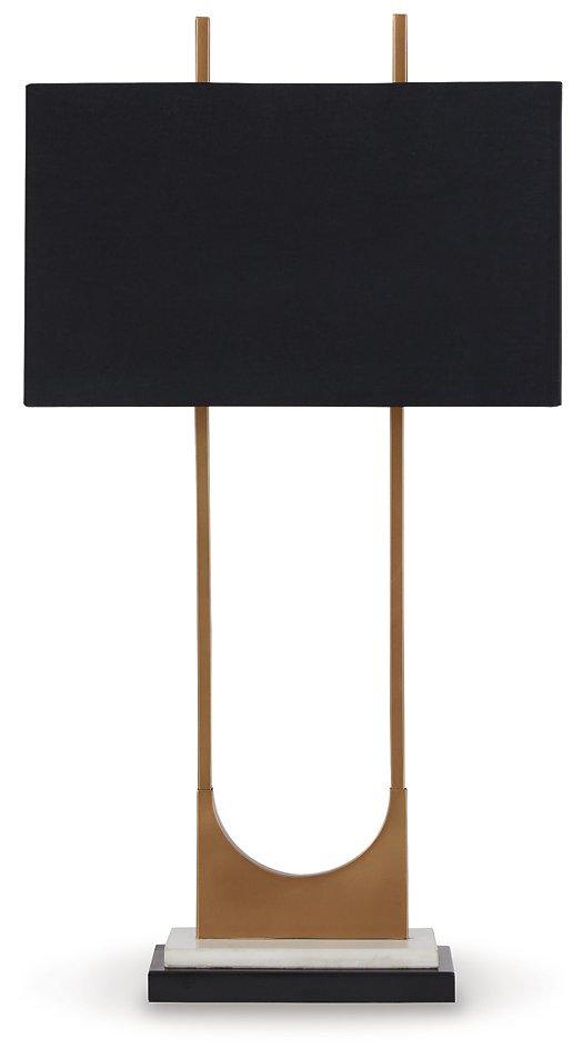 Ashley Furniture Malana table lamp with beige fabric shade and wooden base, ideal for living room or bedside decor.