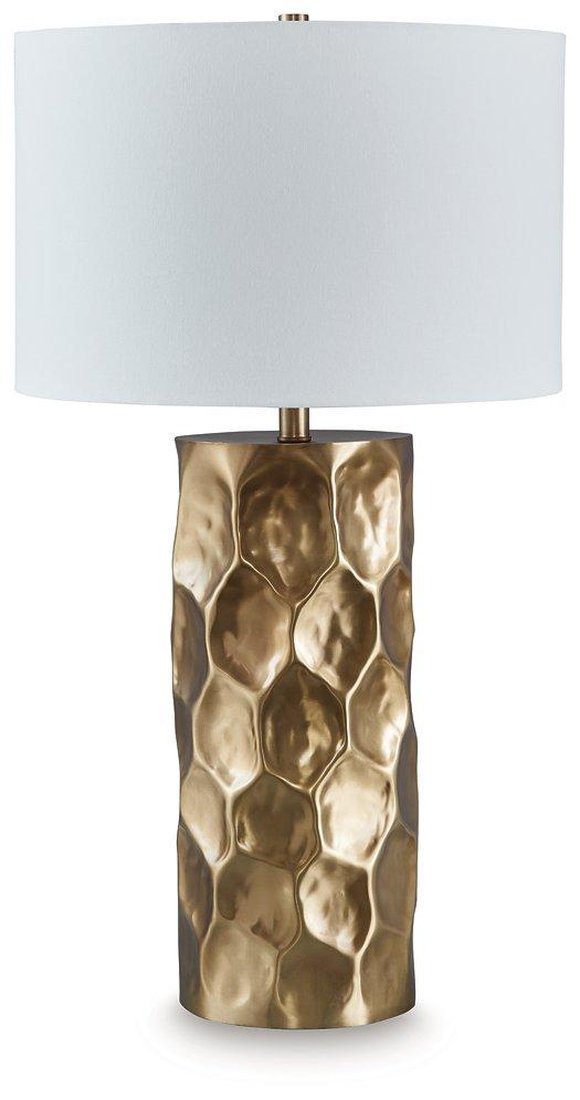 Marshawn table lamp by Ashley Furniture featuring a sleek modern design with a fabric shade on a sturdy base.