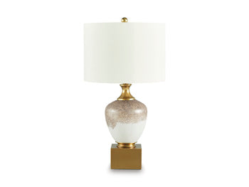 Ashley Furniture Tavisburg table lamp with a beige fabric shade and wooden base, ideal for living room or bedroom decor.