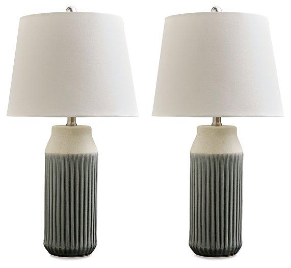 Pair of Ashley Furniture Afener table lamps with beige fabric shades and wooden bases, ideal for bedside or living room decor.