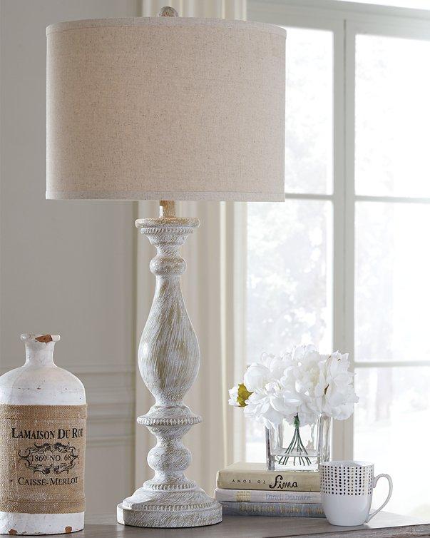 Pair of Ashley Furniture Bernadate table lamps with fabric shades and decorative bases, perfect for bedside or living room lighting.